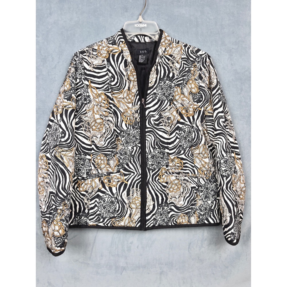 RQT Mixed Print Quilted Jacket Zebra Floral Gold Black Full Zip XL